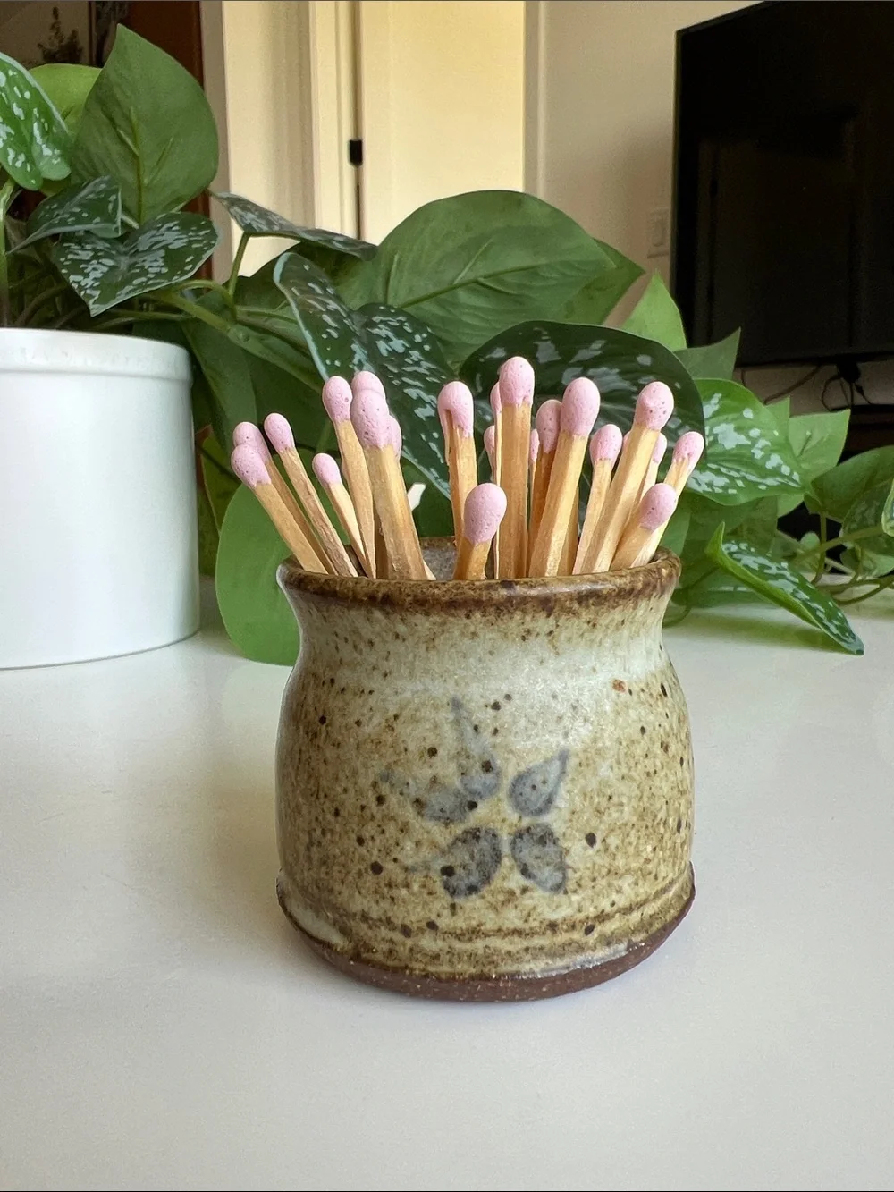 Small Mini Handmade Pottery Vase Match Holder Vintage